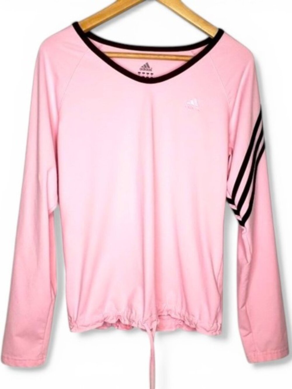 Adidas Stretchy Scoop Neck Three Stripe‎ Sleeve Tied Cinch Hem Top L